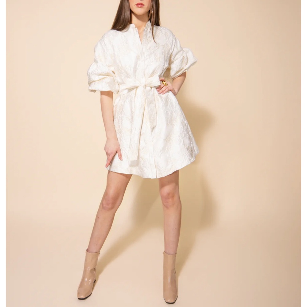 Elegant Cream Dress with Belt: SHIMMER JACQUARD DRESS